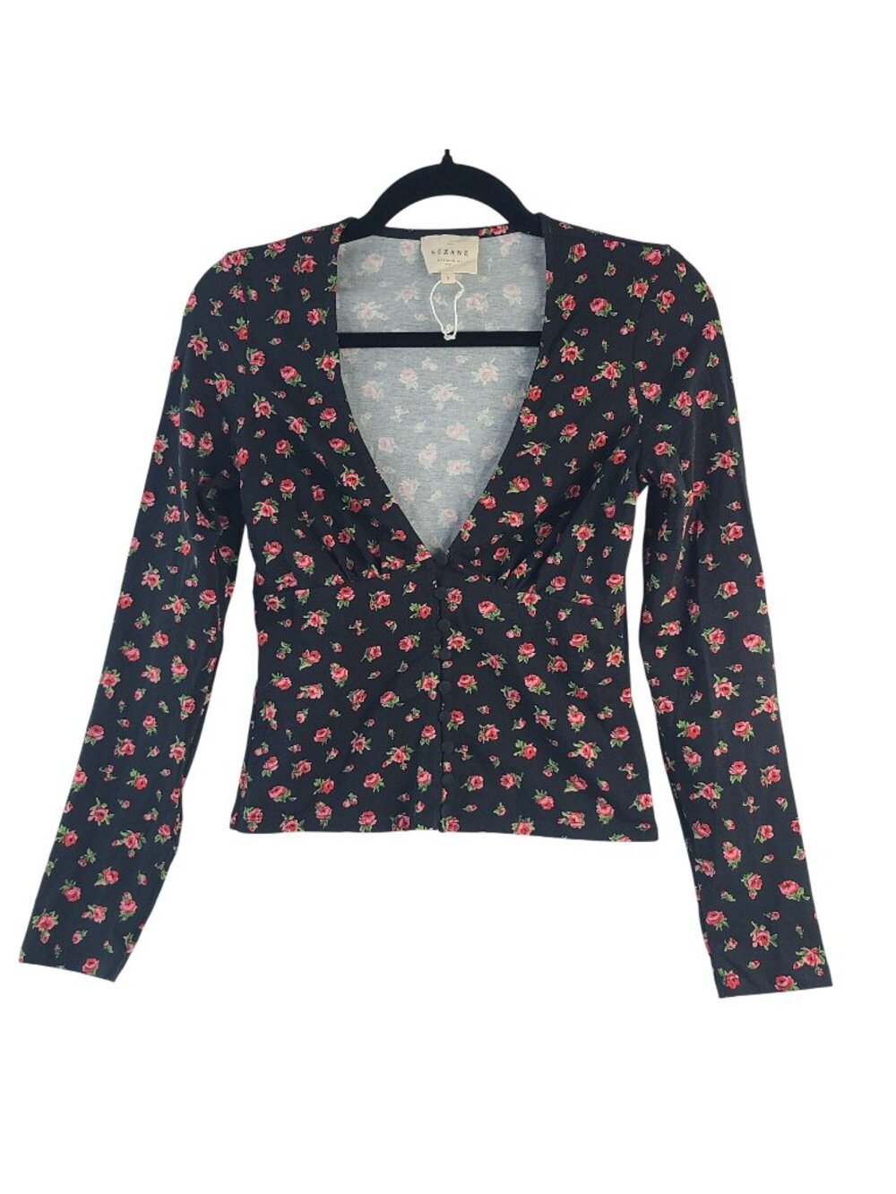 NWOT Sézane Lydia Black Floral Button-Front Long-Sleeve Top Size S Cotton Blend